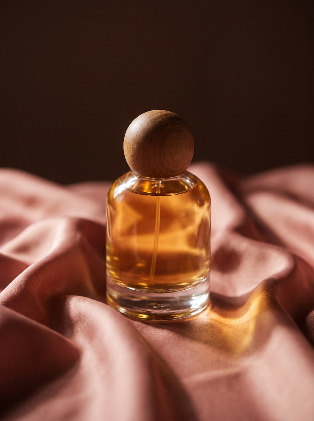 Frasco de perfume sobre cetim rosé, luz cinematográfica quente