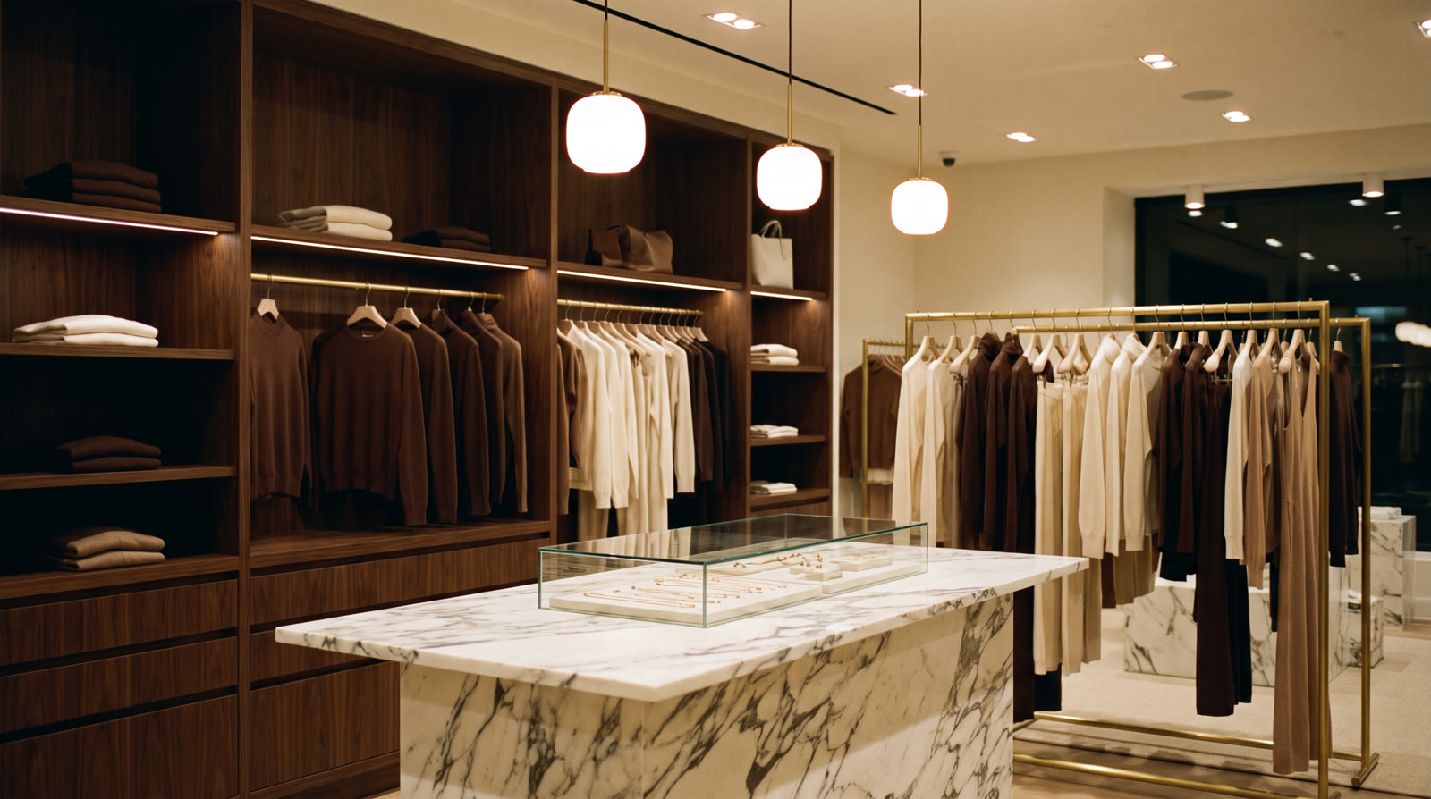 Interior da loja Zaia Store: madeira escura, araras de latão e iluminação quente