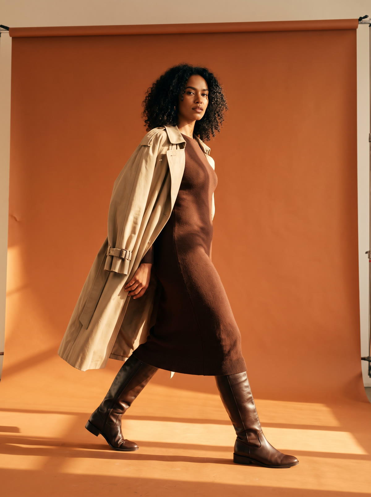 Vestido midi marrom chocolate com botas de cano alto